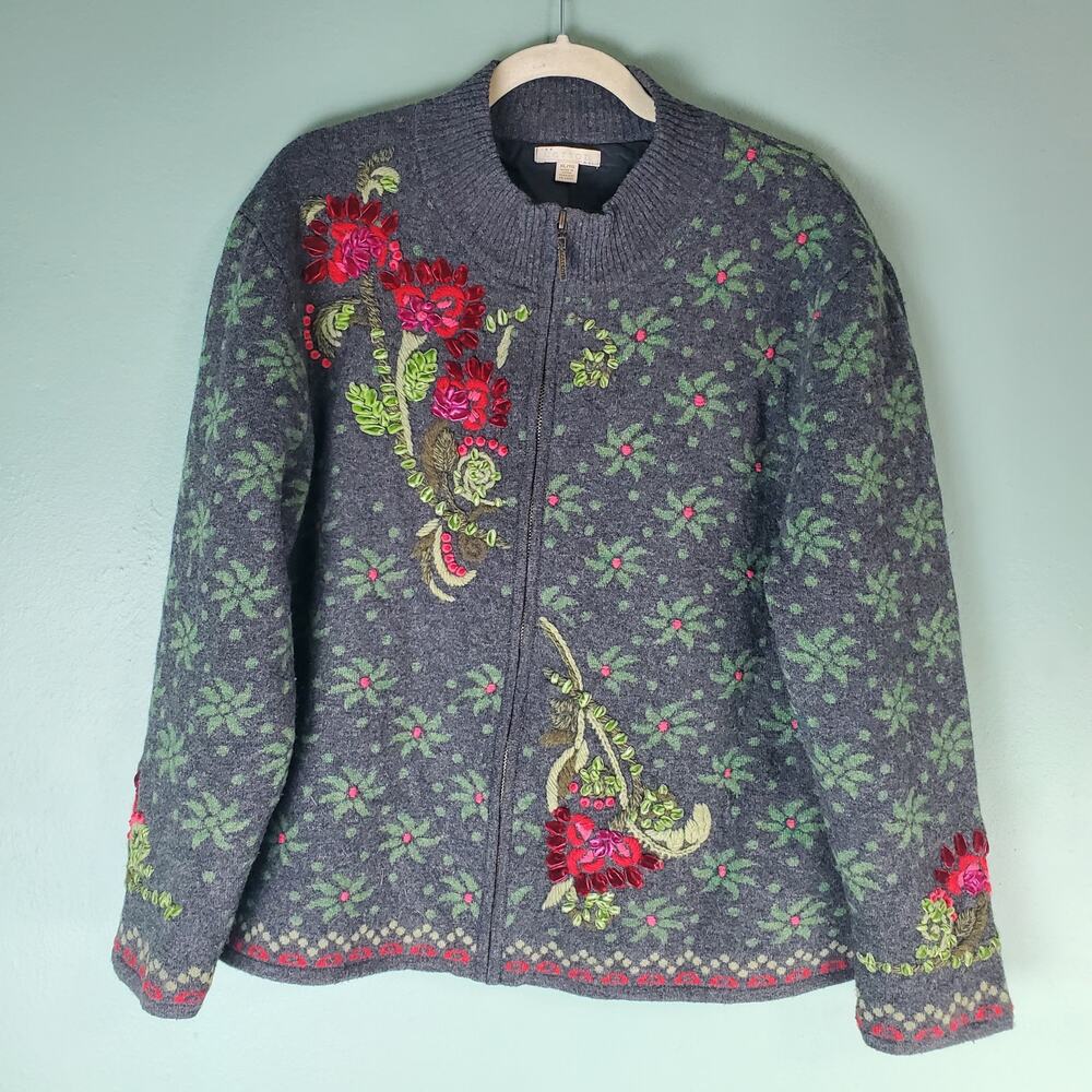Carson Womens Embroidered Floral Full Zip Wool Blend Cardigan Jacket Sweater XL
